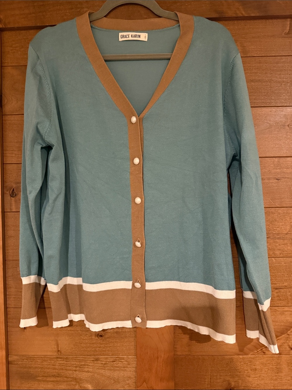 Grace Karin Teal Cardigan with Tan Trim and White Stripe Accents